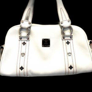 MCM White Leather Satchel with Silver Hardware and Red Stitching - FIRE!!!